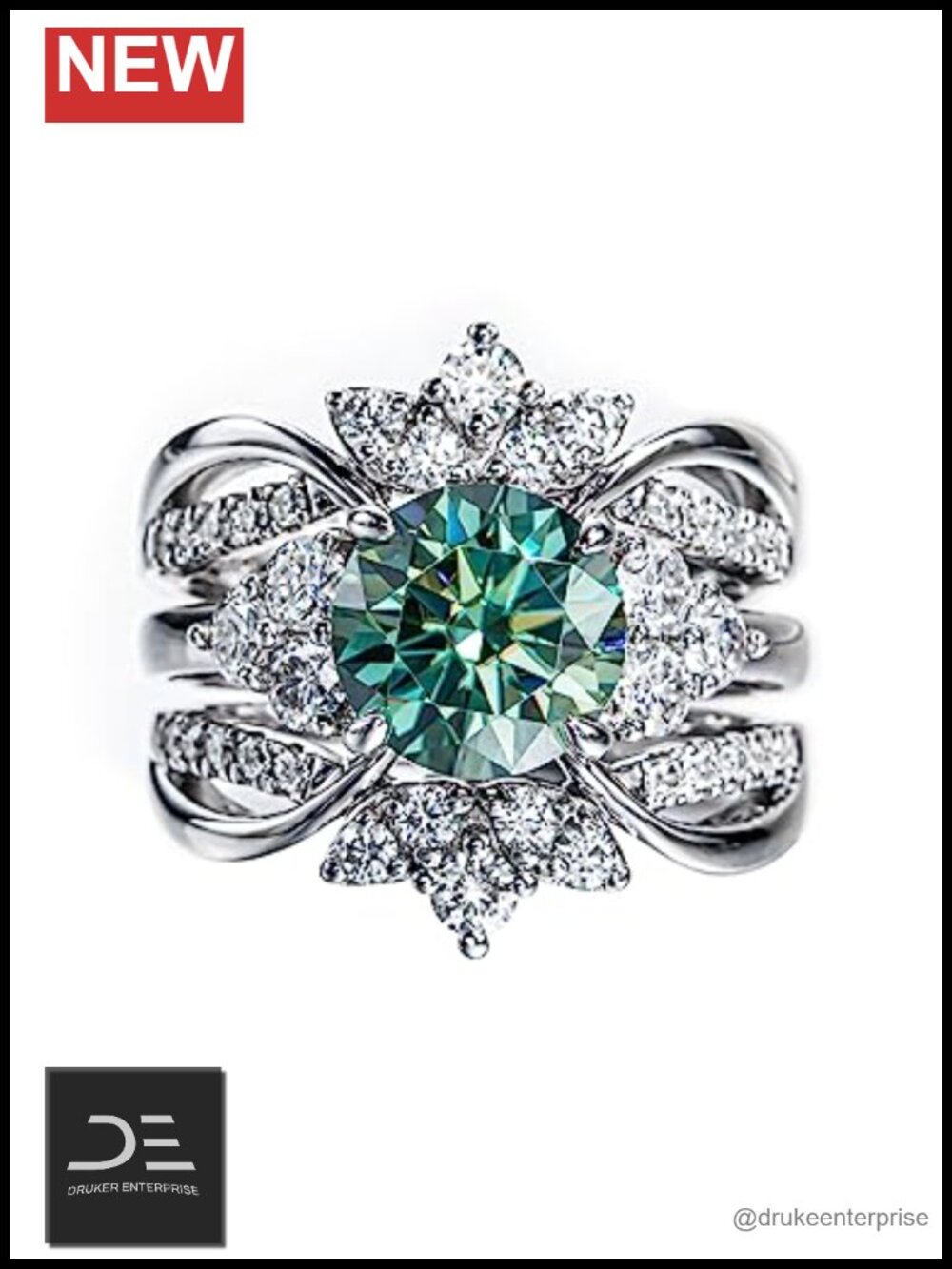 Moissanite Ring Set Platinum-Plated Sterling Silver 4.2 cttw VVS Halo